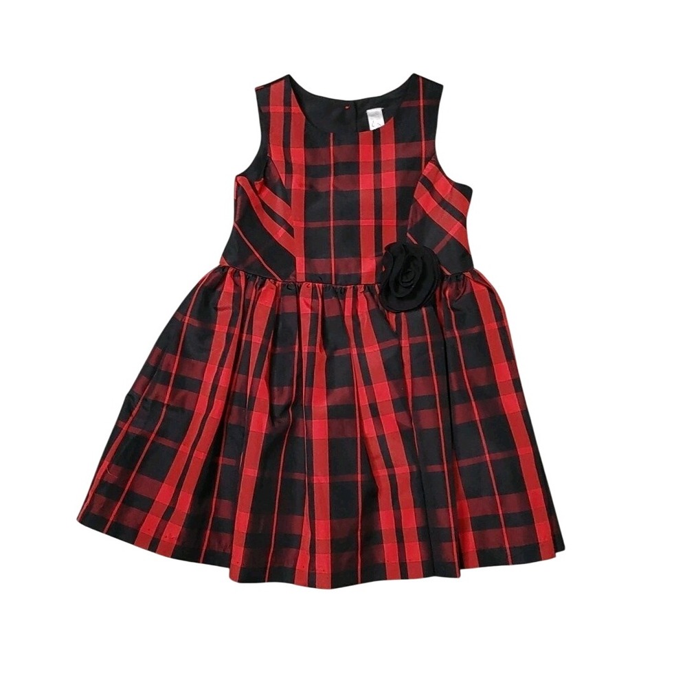 Red Plaid Holiday Dress 4T Sleeveless Rosette Christmas Party Fit Flare